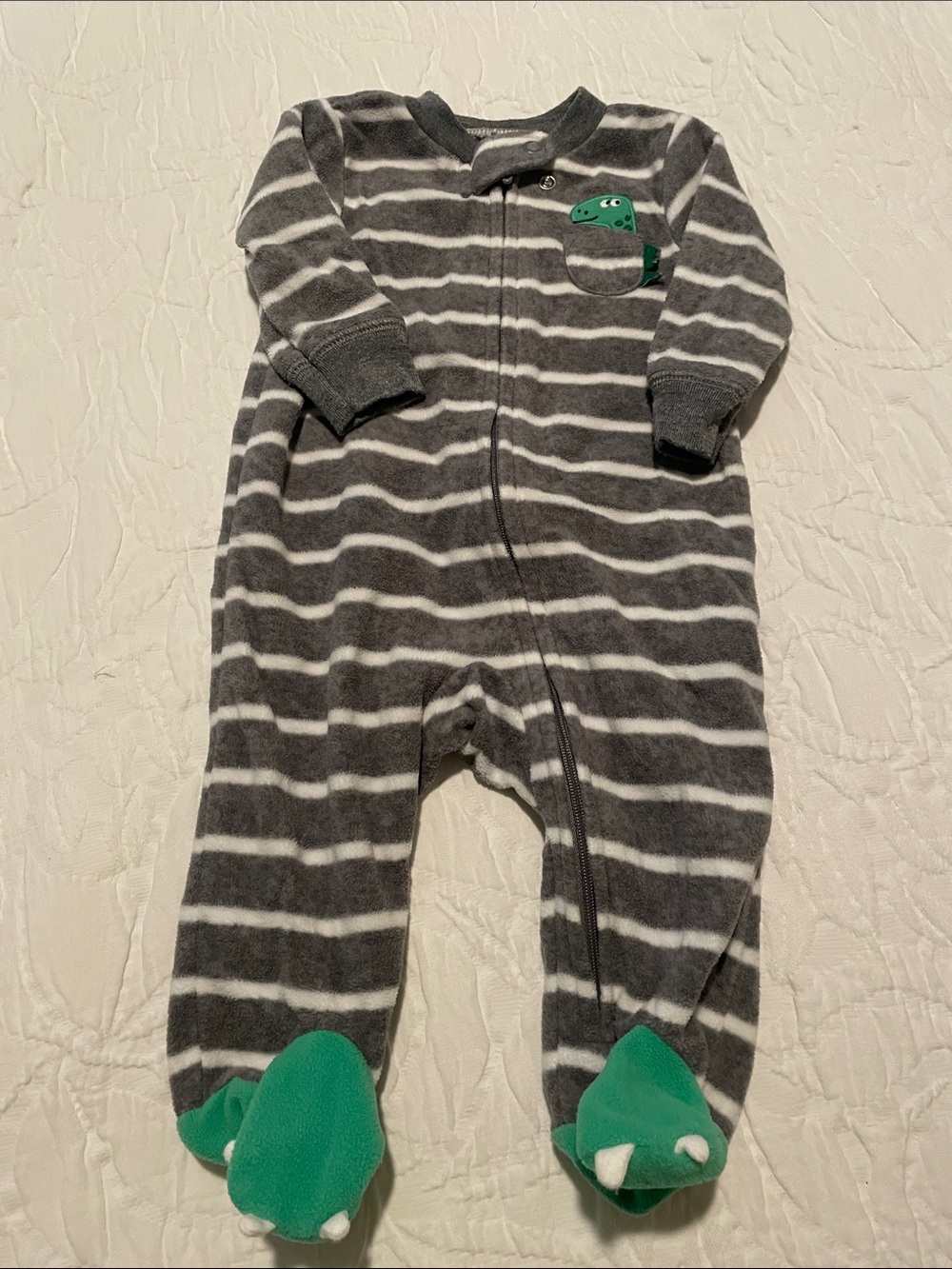 Carter's Gray & White Striped Dino Footed One-Piece